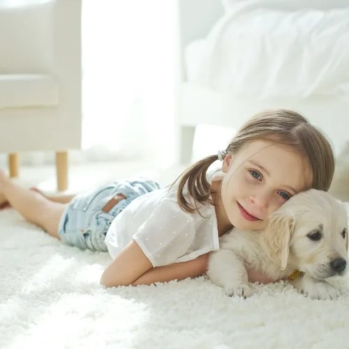 Young girl laying on a small golden retriever puppy